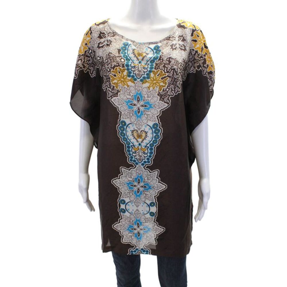 Oltre Womens Geometric Print Sleeveless Round Neck Blouse Top Brown Size 12